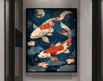 Koi fish japanase art print, Koi fishes painting, Koi fishes canvas, Koi fish wall art, Japanese painting, Animal art, Animal painting