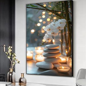 Wall Art Zen Garden Canvas, Relaxing Bamboo and Stones Decor, Calming Nature Scene for Home Decor, Meditation Room Art, White flowers art