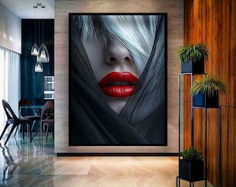 May include: A close-up of a woman's face with bright red lipstick. Her hair is white and she is wearing a black veil. The image is in a modern interior setting.