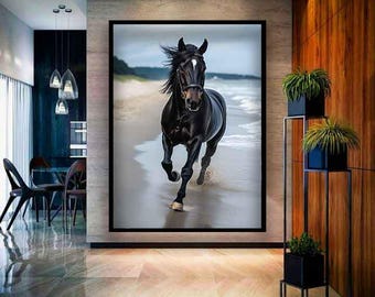 Rennend paard schilderij, kunst aan de muur zwart paard, zwart paard canvas, paard kunst aan de muur, paard kunst, dierlijke print, decor dier interieur, dierlijke kunst