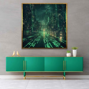 May include: A framed digital art print of a futuristic city street with green glowing lights and code. The print is hanging on a grey wall above a green cabinet.