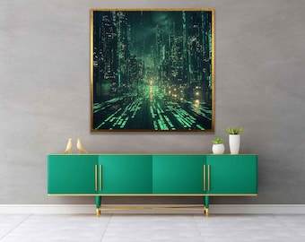 Matrix binary code art print, Matrix inspired city landscape binary codes canvas art, Matrix wall art, Ready to hang art, Green codes decor