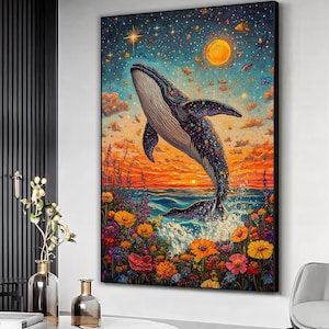 Whale jumping in water canvas, nature art print, Whale flowers wall art, Vivid whale painting, Colorful whale sea scenery art, Animal print