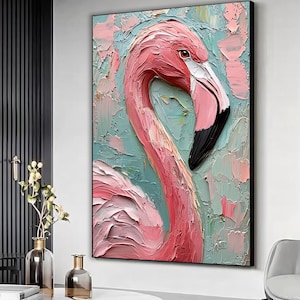 Flamingo in oil painting style art canvas print, Flamingo poster, Flamingo painting, Flamingo canvas print, Animal home wall decor, Wall art