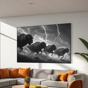 Running Bisons Below Stormy Weather Canvas Print, Black and White Animals Wall Art, Bison Painting, Bison Wall Art, Monochrome Wall Decor