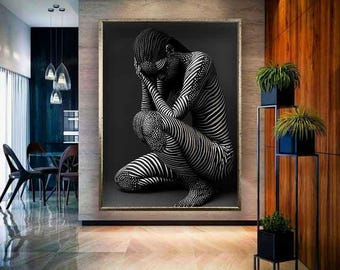 White stripped african woman canvas print,Black and white african woman wall art, African woman canvas, Woman canvas, woman art, Woman print
