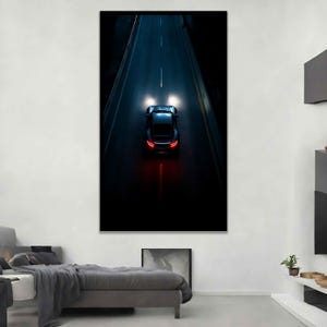 Car going on road art print, Car wall art, Car canvas print, Car in dark home decor, Ready to hang framed or unframed art, Sports car art