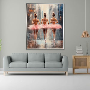 Pink Ballerinas Painting, Dance Studio Art, Ballet Oil Painting, Elegant dusty pink wall art, Ready to hang print, Framed ballerina canvas