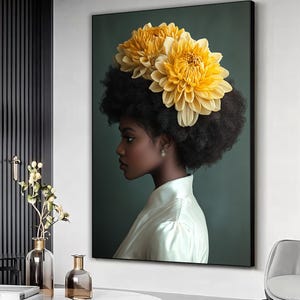 Black woman with flowers canvas wall art, Girl Flowers Poster, flower woman poster, African american woman, Black girl print, Ready to hang