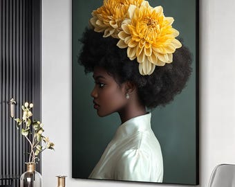 Zwarte vrouw met bloemen canvas muurkunst, poster meisje bloemen, bloemenvrouw poster, Afro-Amerikaanse vrouw, zwart meisje print, klaar om op te hangen