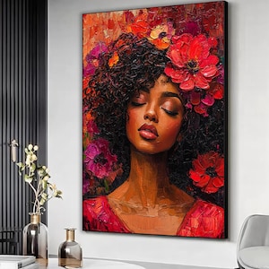 Woman flowers wall art print, Black woman flowers oil painting, Nature inspired woman canvas, Afro woman wall decor, Flowers poster
