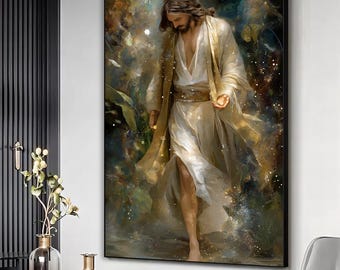 Könnte beinhalten: Ein großer, gerahmter Leinwanddruck, der eine Figur in fließenden weißen und goldenen Gewändern mit langen braunen Haaren und einem Bart zeigt. Der Hintergrund weist eine Mischung aus Blau-, Grün- und Goldtönen auf und erzeugt eine himmlische Atmosphäre. Das Kunstwerk ist ein religiöses Gemälde.