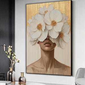 Woman white flower head artwork, Woman flowers gold painting, White flowers canvas, Surreal woman portrait, Abstract artwork,Home wall decor