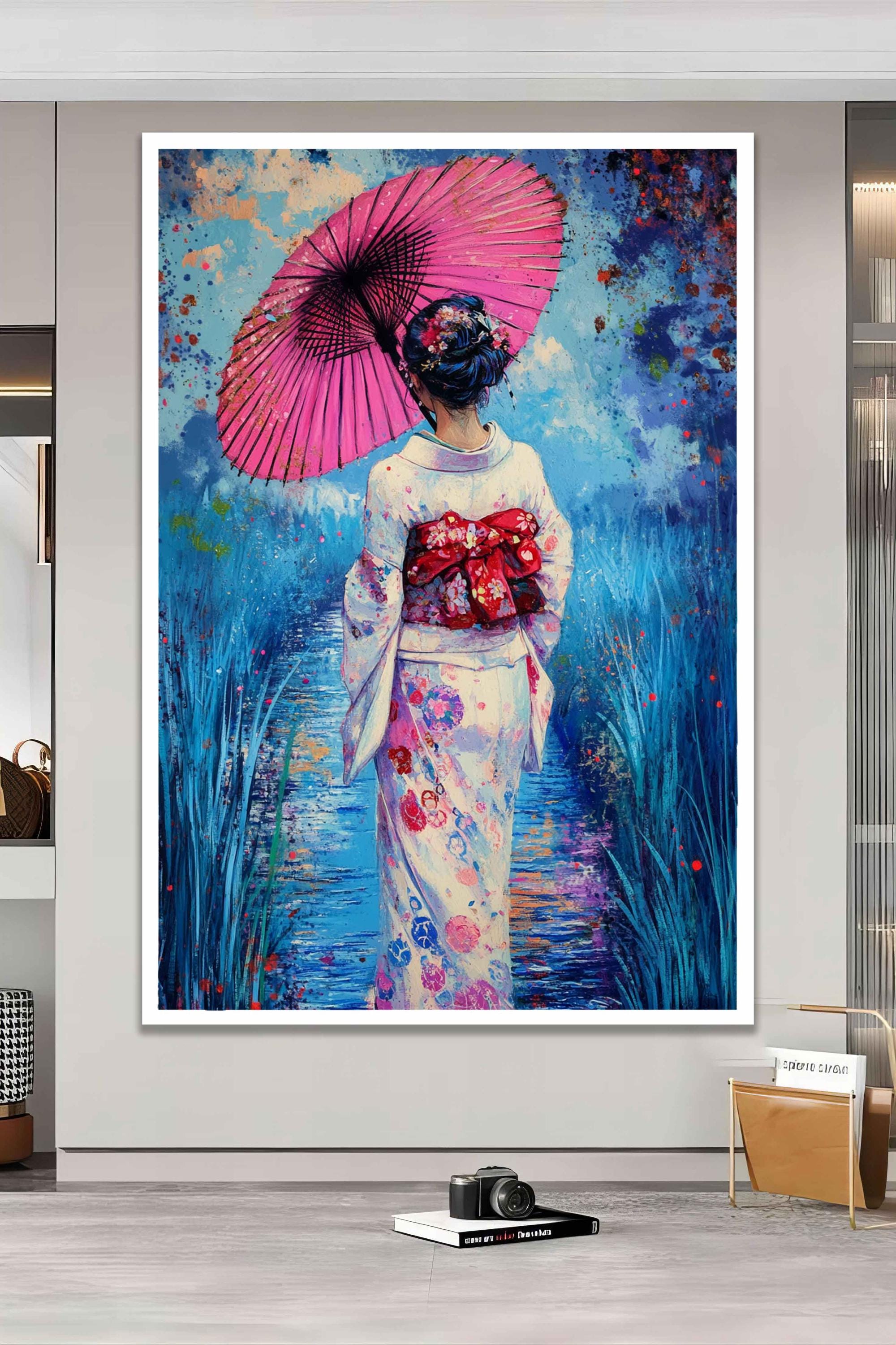 Geisha Holding an Umbrella Splatter Art Print, Geisha Wearing
