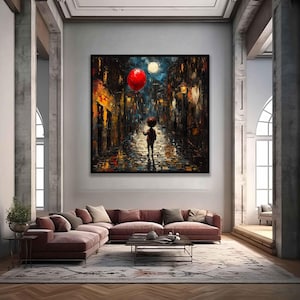 Kid holding a red balloon in street painting, Kid red balloon art, Kid street canvas, Kid balloon wall art, Abstract kid digital print