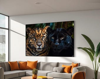 Jaguar och svart panter djurliv canvastavla, jaguar väggkonst, panter poster, vilda djur väggdekor, skogsdjur heminredning