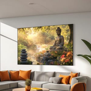 Puede incluir: Una gran impresión en lienzo enmarcada que representa una escena serena de una estatua de Buda sentado en un exuberante jardín. La obra de arte presenta una cascada, piedras apiladas y flores vibrantes, con la luz del sol filtrándose a través de los árboles.