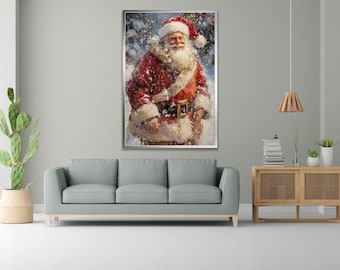 Impresión en lienzo de Papá Noel, arte mural navideño de Papá Noel, decoración de pared navideña, cuadro de Papá Noel nevando, arte en lienzo enmarcado de Papá Noel
