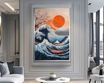 Mount fuji sea waves sakura blossoms japanese art print, Mount fuji canvas print, Mount fuji painting, Mount fuji japanese wall art
