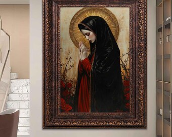 Poster / Canvas Vierge Marie Avec Roses - Art Religieux Décoratif - Style Vintage - Multicolore - Neuf