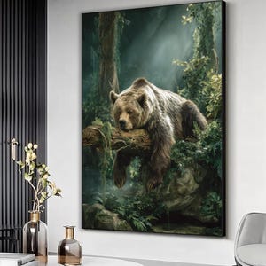 Grizzly Bear in Misty Forest Canvas Print, Bear Wall Art, Bear laying in nature art, Wild Animals Wall Art, Large Brown Bear Canvas Print