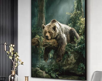 Impressão em tela de urso pardo em floresta enevoada, arte de parede de urso, arte de urso deitado na natureza, arte de parede de animais selvagens, impressão em tela grande de urso pardo