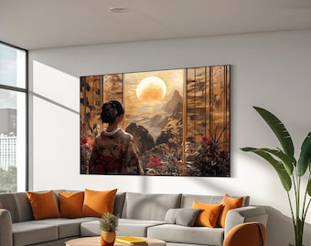 Impresión artística en lienzo con paisaje de geisha, póster de geisha, colgante de pared de geisha, arte mural con paisaje japonés, impresión japonesa tradicional, listo para colgar