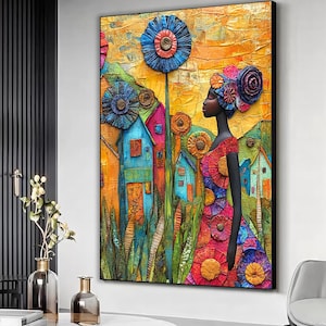 African village cultural canvas, African tradition art print, Botanical nature african wall art, Heritage art, Unique gift, African woman