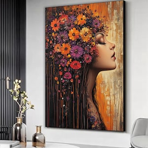 Woman with colorful flowers canvas print, Floral Girl abstract wall art, Elegant woman wall decor, Framed or unframed canvas, Ready to hang