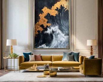 Gold sea waves art print, Sea waves scenery digital print, Sea waves home decor, Gold wave art, Wave wall art, Wave canvas, Wave painting