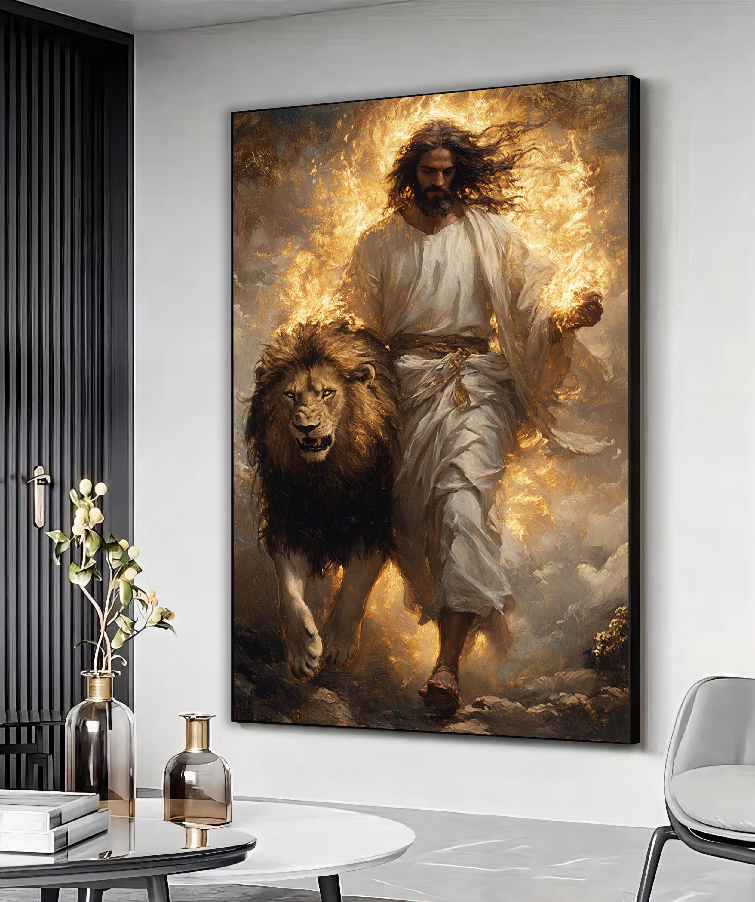 Jesus and lion canvas print art, Jesus with lion religious painting, Jesus decor, Jesus wall art, Jesus home wall decor, Christianity art