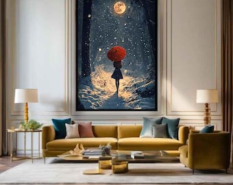 woman red umbrella moon scenery art, Woman red umbrella snowing painting, Woman moon canvas, Woman art, Woman canvas, Woman painting
