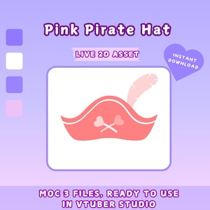 May include: Pink pirate hat with a white feather, two crossed bones, and two pink hearts. The hat is a live 2D asset for use in VTuber Studio.  MOC 3 files, ready to use.