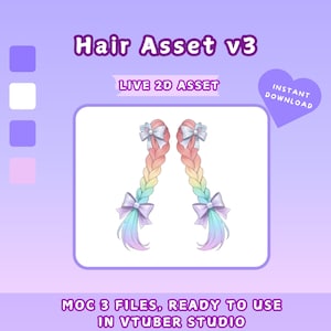 Könnte beinhalten: Digitale Illustration von zwei geflochtenen Frisuren mit Regenbogenfarben und Schleifen. Das Bild trägt die Bezeichnung "Hair Asset v3" und enthält den Text "LIVE 2D ASSET" und "INSTANT DOWNLOAD". Der untere Teil des Bildes lautet "MOC 3 FILES, READY TO USE IN VTUBER STUDIO".