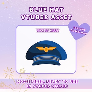Può includere: Cappello da pilota blu con un emblema dorato e una fascia dorata attorno al bordo. Il cappello è un asset 2D da utilizzare in VTuber Studio.
