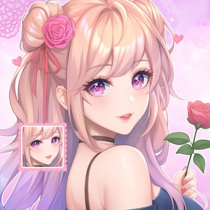 May include: An anime-style illustration of a character with long, light pink hair styled in two buns, adorned with a pink rose. The character has large purple eyes, wears a dark top, and holds a single pink rose against a soft pink background with hearts.