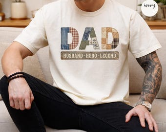 Dad Husband Hero Legend Shirt, Patchwork Graphic Tee, New Father Gift, Pregnancy Reveal Present, New Dad Gift