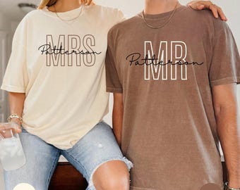 Comfort Colors® Personalized Mr & Mrs Family Name Shirt, Custom Hubby Wifey Tee, Wedding Anniversary Couple gift, Custom Couple Shirts