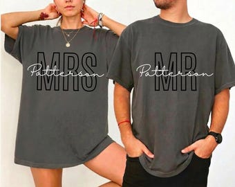 Comfort Colors® Personalized Mr & Mrs Family Name Shirt, Custom Hubby Wifey Tee, Wedding Anniversary Couple gift, Custom Couple Shirts