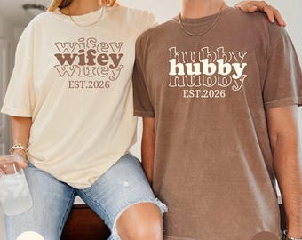 Comfort Colors® Personalized Wifey Hubby Shirt, Honeymooning Newlywed Tee, Custom Couple Anniversary Matching Shirt