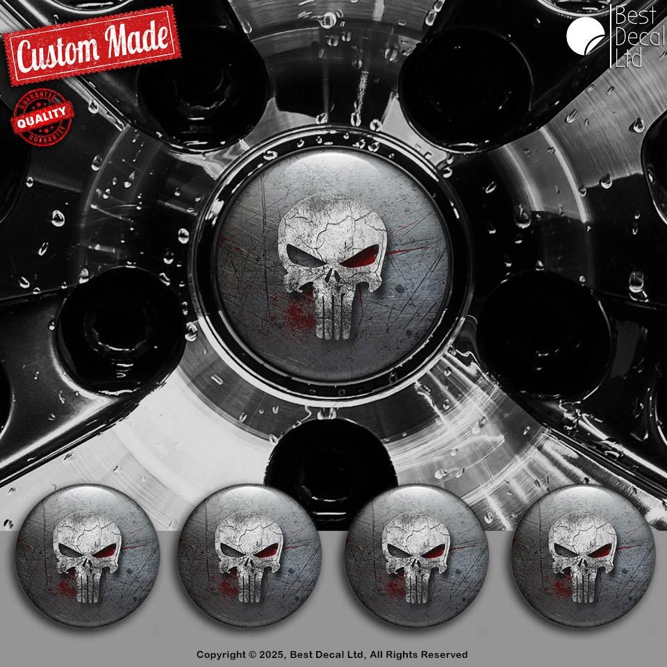 Set of 4 Skull Decals Center Wheel Cap Stickers Custom Handmade Punisher Decals Rim Emblems Multiple Designs