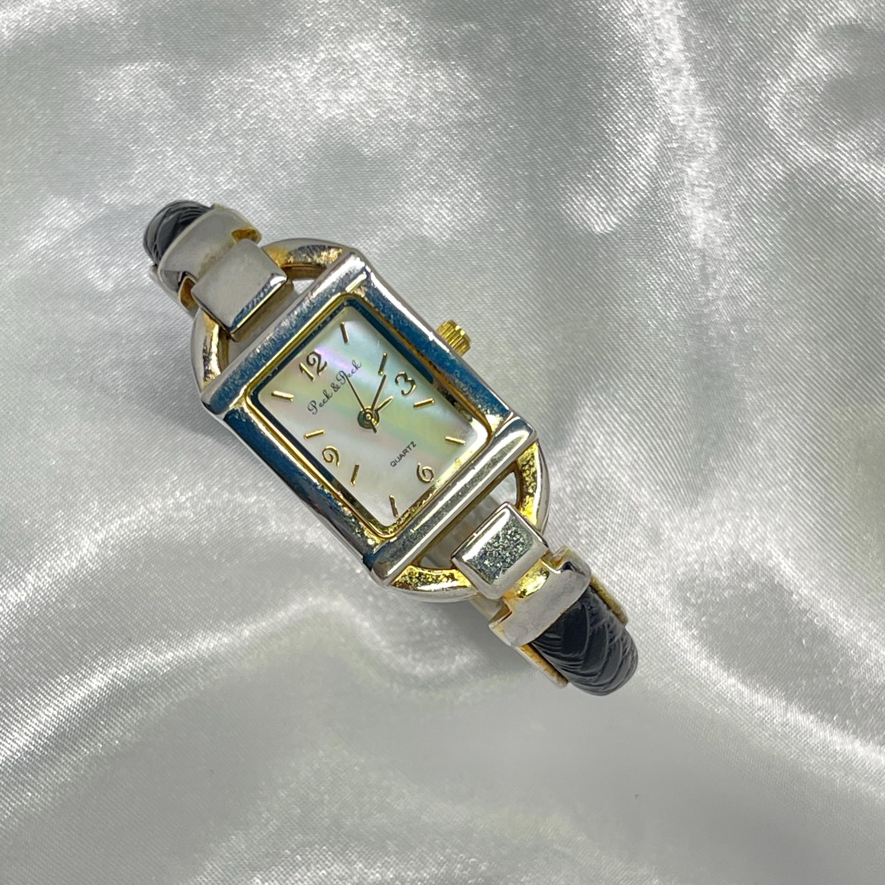 Vintage Watch 90s Y2K Armstrong Crystal Bezel Mother Of Pearl Black Leather Band PIETRA Ladies Quartz Mother of Pearl Dial Watch with Crystal  main image 2
