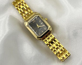 レディース 華奢なY2Kゴールド＆ブラックタンク/レクタングルブレスレットウォッチ