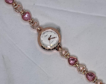 Elegant Dainty Heart-Link Watch with Rose Gold and Pink Crystals