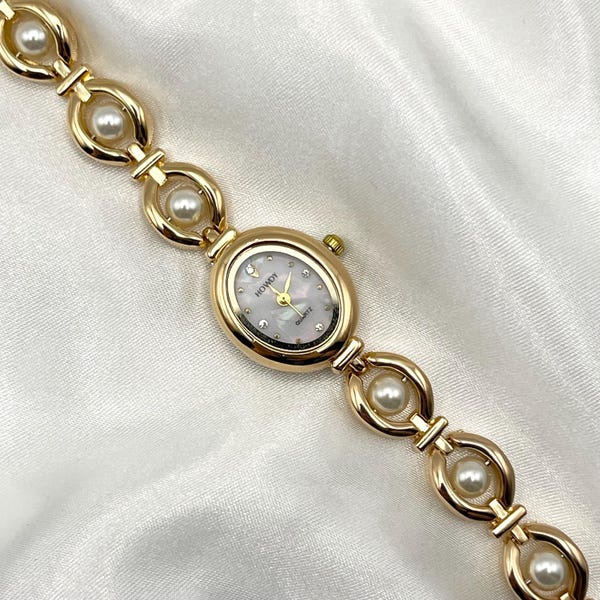 Women's Dainty Gold and White Pearl Bracelet Watch
