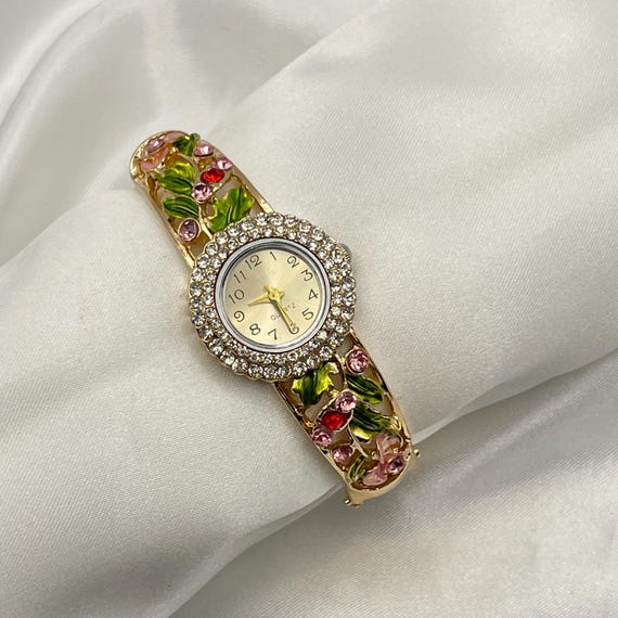 Gold Floral Crystal Bangle Watch with White Dial Anne Klein Women main image 2
