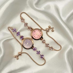 Vintage Watch Pink Dial Charm Bracelet Quartz Dainty Stretch Gift for Grandma Vintage Watch Pink Dial Charm Bracelet Quartz Dainty Stretch  main image 2