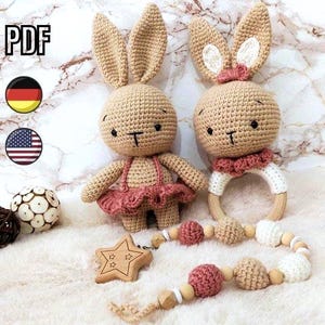 Baby Set Coniglio - 3 istruzioni 1 PDF, animale all'uncinetto/peluche+anello di presa con sonaglio integrato+catenina porta ciuccio, uncinetto, regalo per baby shower