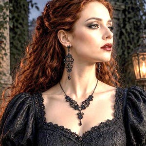 Gothic Black Crystal Bridal Jewelry, Victorian Wedding Necklace, Regency Chandelier Earrings, Whimsigoth Steampunk Statement Necklace OLIVIA image 1