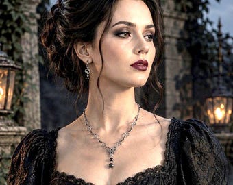 Gothic Black Bridal Jewelry Set, Halloween GOTH Wedding Earrings, Fairy Wings Statement Necklace, Victorian Steampunk Style